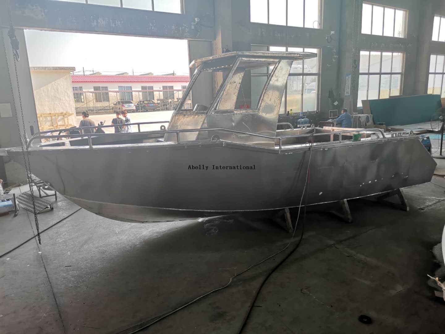 Aluminum walkaround boat on the water